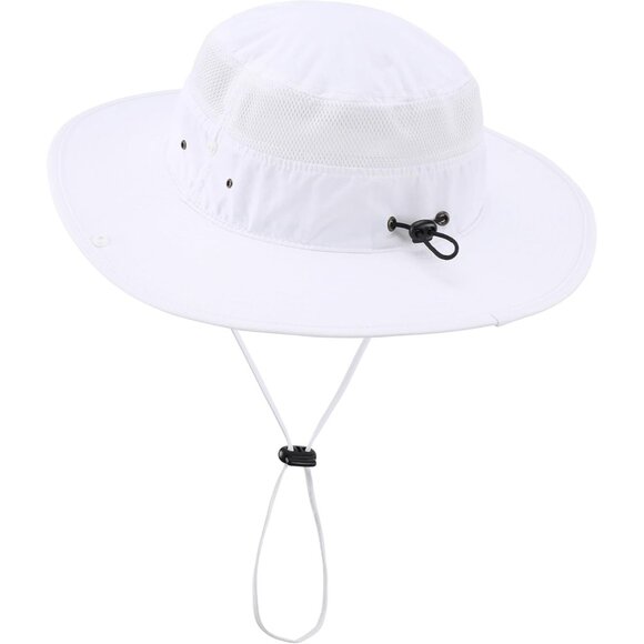 Unisex White 100% Polyester Wide Brim Boonie Mesh With Chin Strap Bucket Sun Hat - Picture 3 of 7